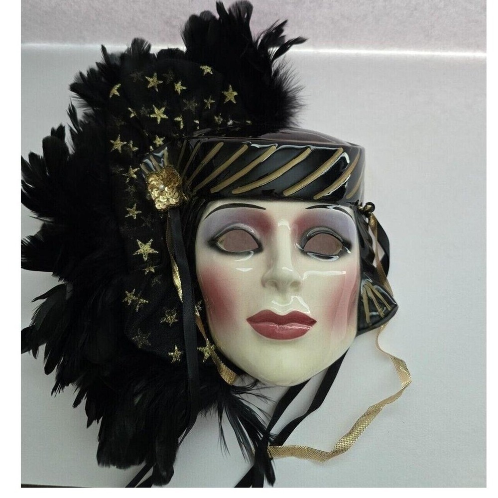 Vintage Ceramic Masquerade Wall Mask Black Gold Stars Feathers Art Deco Style